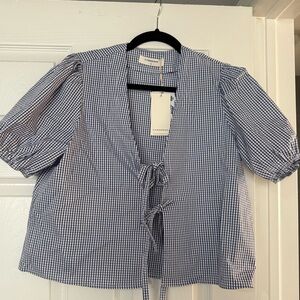 Commense Blue Gingham Puff Sleeve Blouse